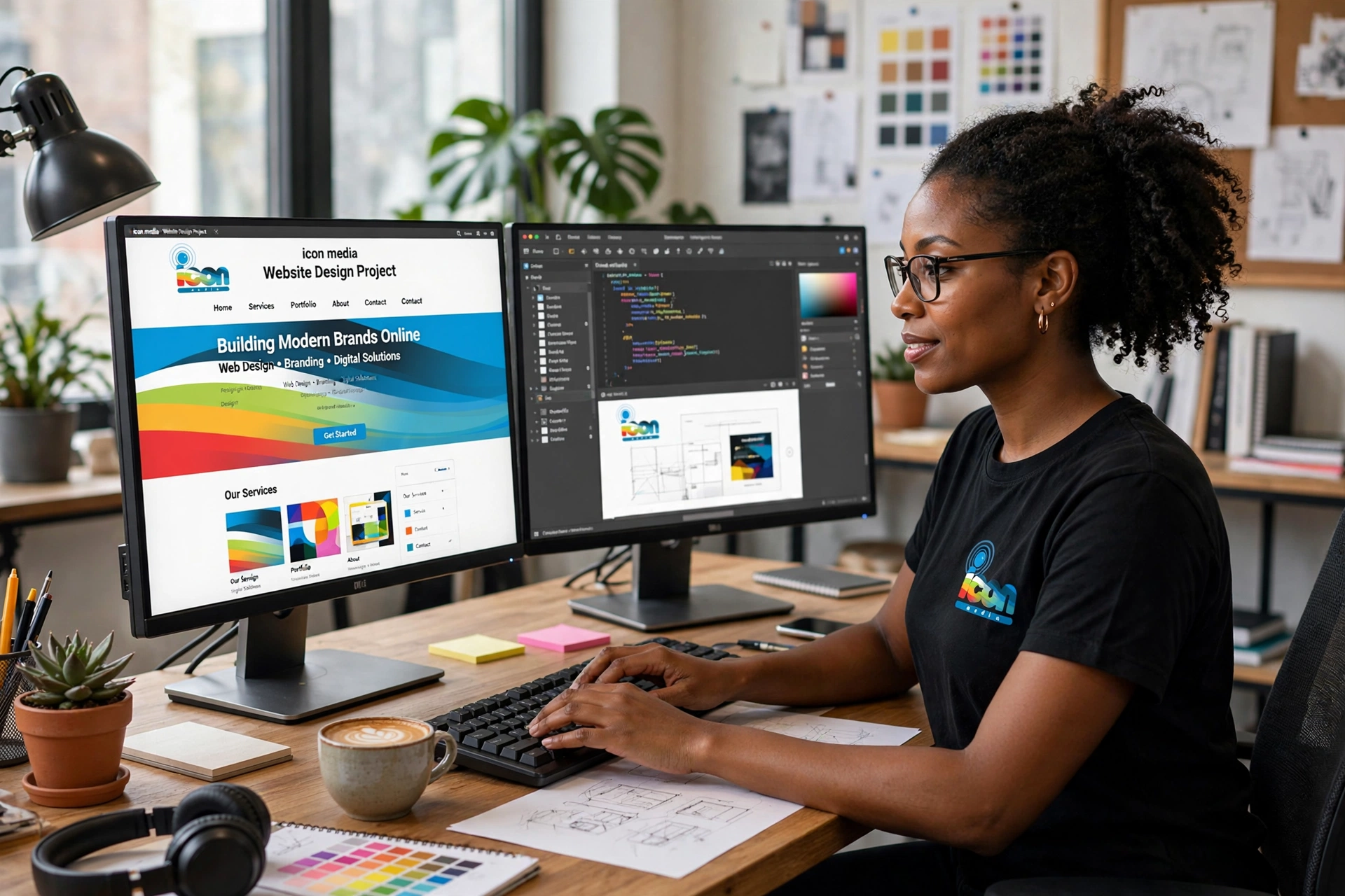 Designer working across two monitors on a website project
